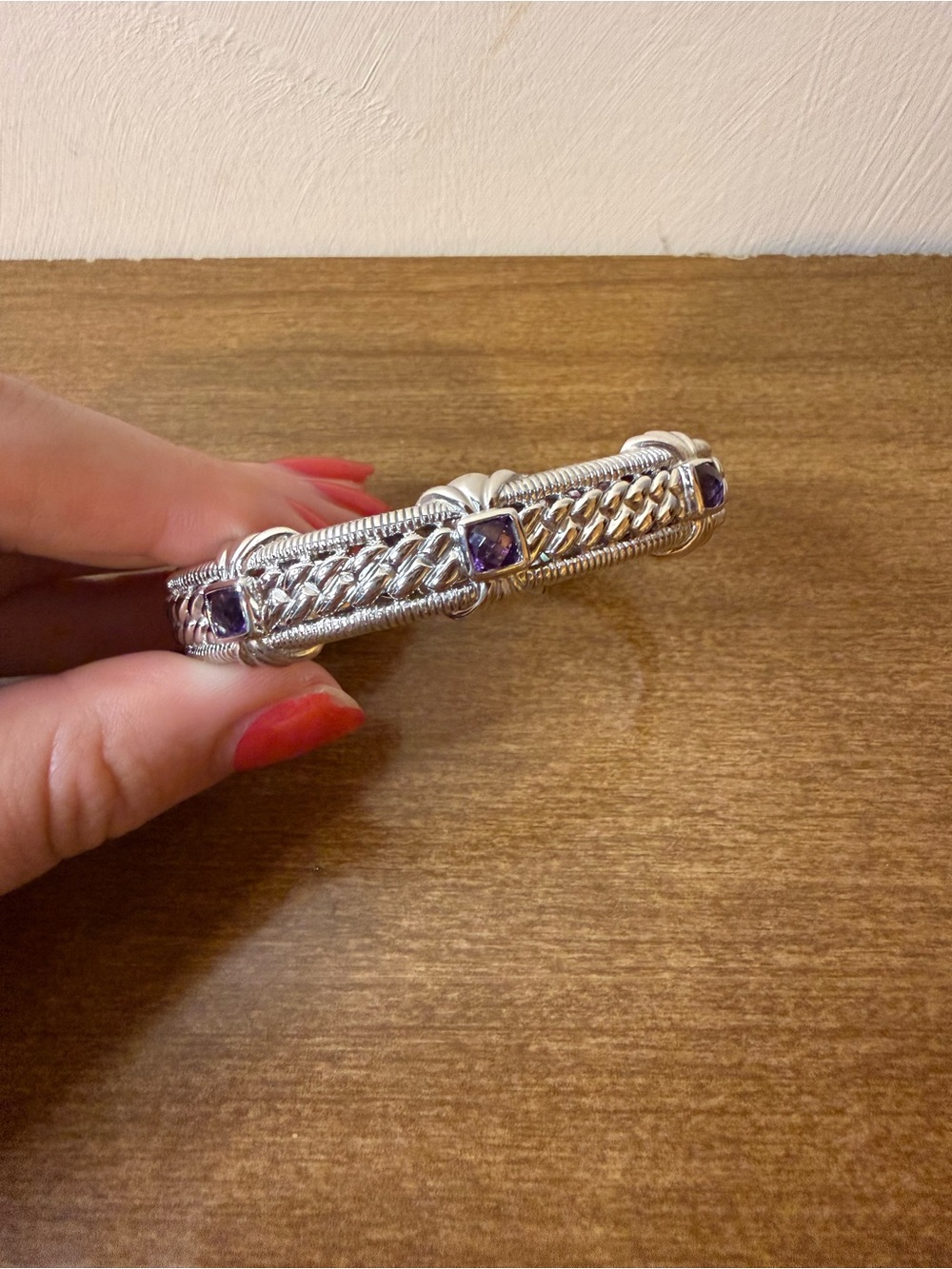Judith Ripka 925 Sterling Silver Square Amethyst Bezel Hinged Cuff Bracelet